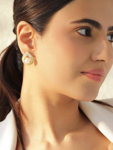 Rubans Voguish 18K Gold-Plated Crystal AD & White Pearl Teardrop Stud Earrings Earrings