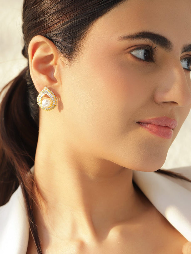 Rubans Voguish 18K Gold-Plated Crystal AD & White Pearl Teardrop Stud Earrings Earrings