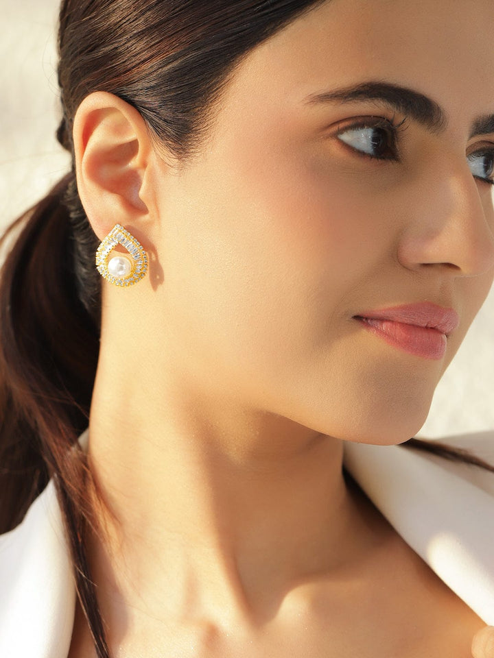 Rubans Voguish 18K Gold-Plated Crystal AD & White Pearl Teardrop Stud Earrings Earrings
