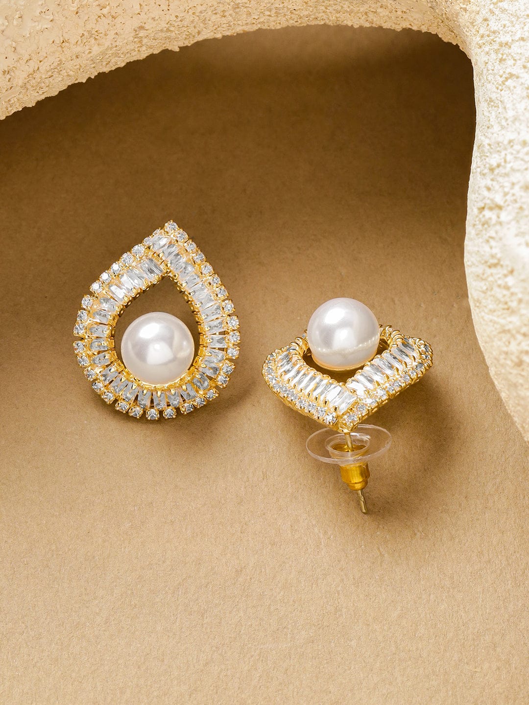 Rubans Voguish 18K Gold-Plated Crystal AD & White Pearl Teardrop Stud Earrings Earrings