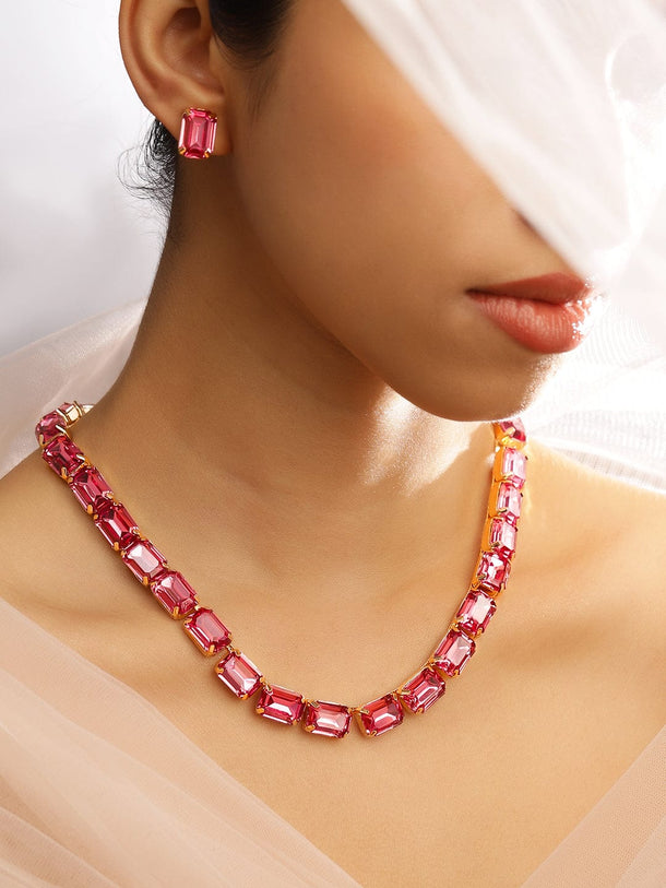 Rubans Voguish 18K Gold-Plated Crystal Pink Cubic Zirconia Studded Statement Necklace Set Jewellery Set