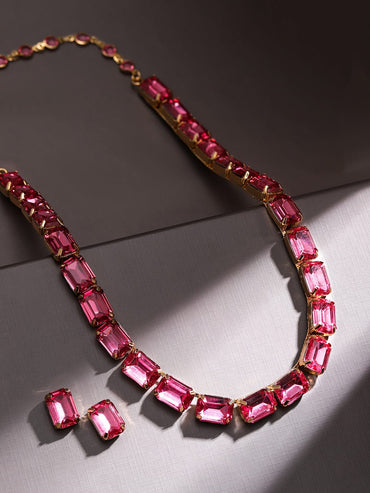 Rubans Voguish 18K Gold-Plated Crystal Pink Cubic Zirconia Studded Statement Necklace Set Jewellery Set