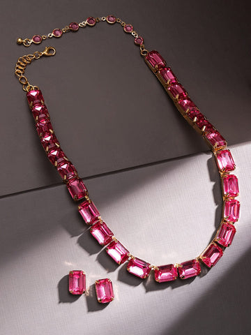 Rubans Voguish 18K Gold-Plated Crystal Pink Cubic Zirconia Studded Statement Necklace Set Jewellery Set