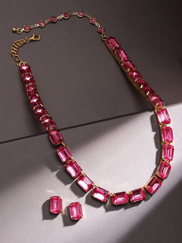 Rubans Voguish 18K Gold-Plated Crystal Pink Cubic Zirconia Studded Statement Necklace Set Jewellery Set