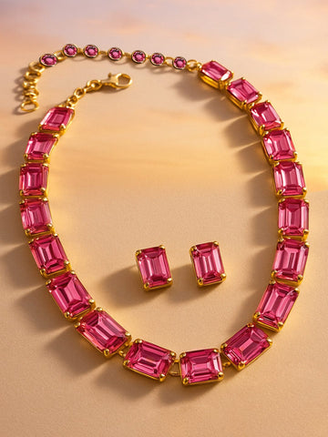 Rubans Voguish 18K Gold-Plated Crystal Pink Cubic Zirconia Studded Statement Necklace Set Necklace Set