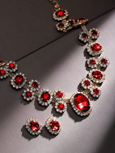 Rubans Voguish 18K Gold-Plated Crystal Ruby & CubicZirconia Studded Statement Necklace Set Jewellery Set
