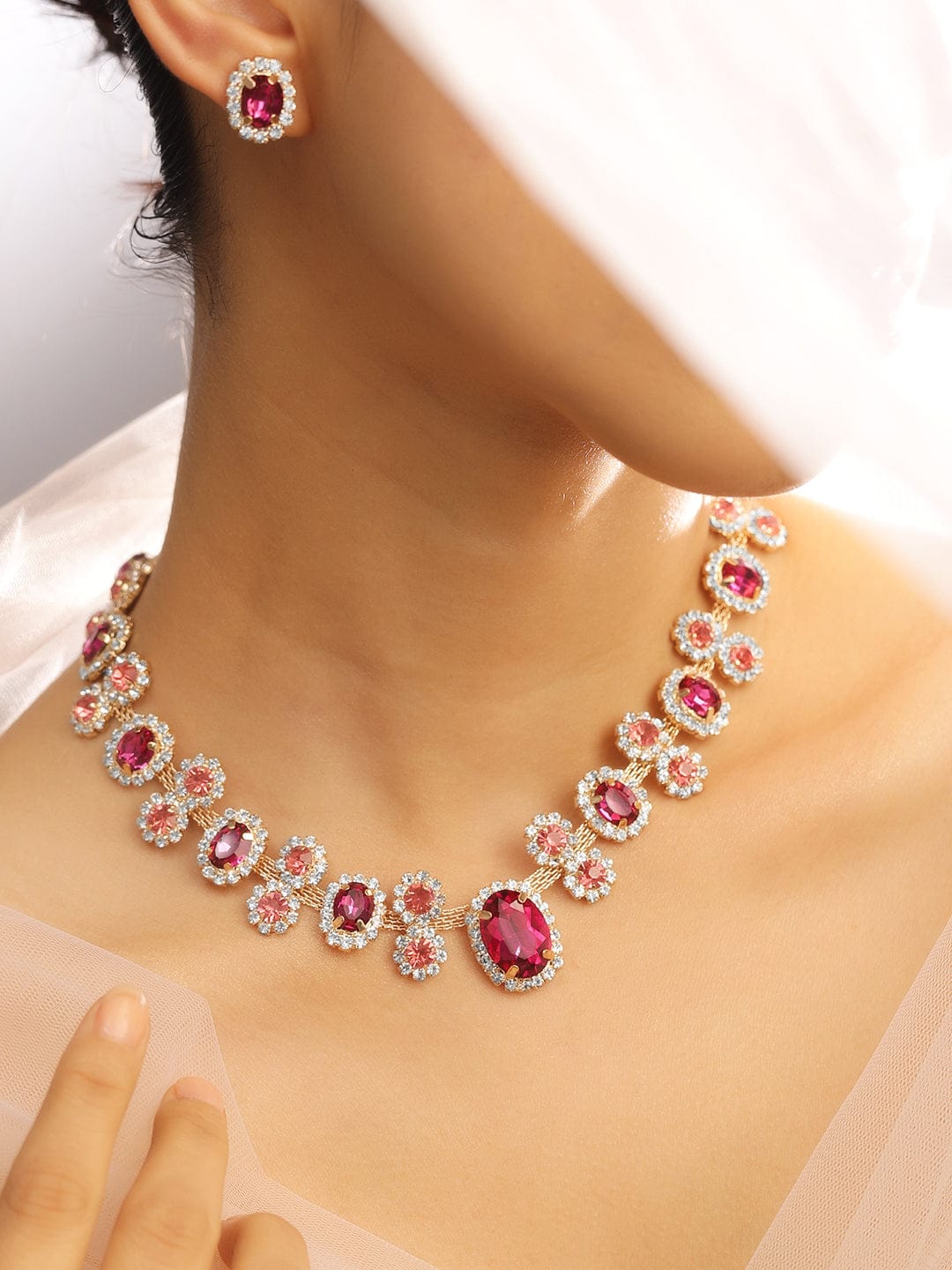 Rubans Voguish 18K Gold-Plated Crystal Ruby Pink & Peach Cubic Zirconia Necklace Set Jewellery Set