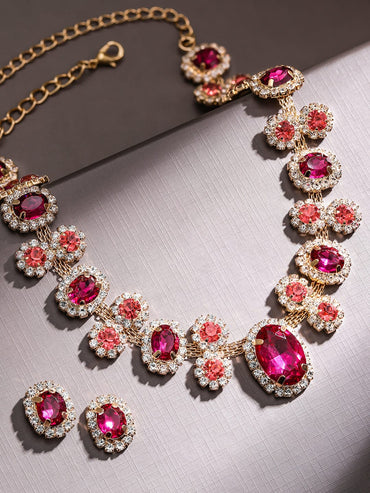 Rubans Voguish 18K Gold-Plated Crystal Ruby Pink & Peach Cubic Zirconia Necklace Set Jewellery Set