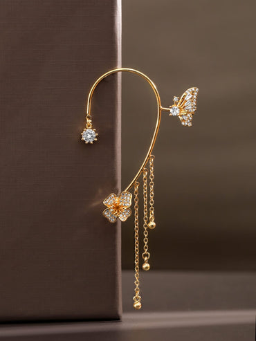 Rubans Voguish 18K Gold-Plated Cubic Zirconia Studded Butterfly & Floral Ear Cuffâ€“ 1 Piece Pack Earrings