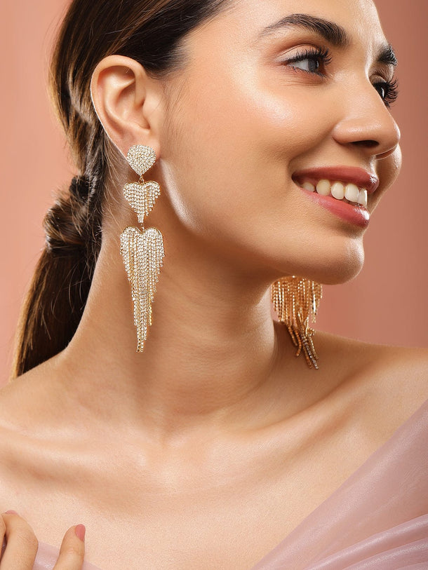 Rubans Voguish 18K Gold-Plated Cubic Zirconia Studded Heart-Shape Waterfall Shoulder Duster Earring Earrings
