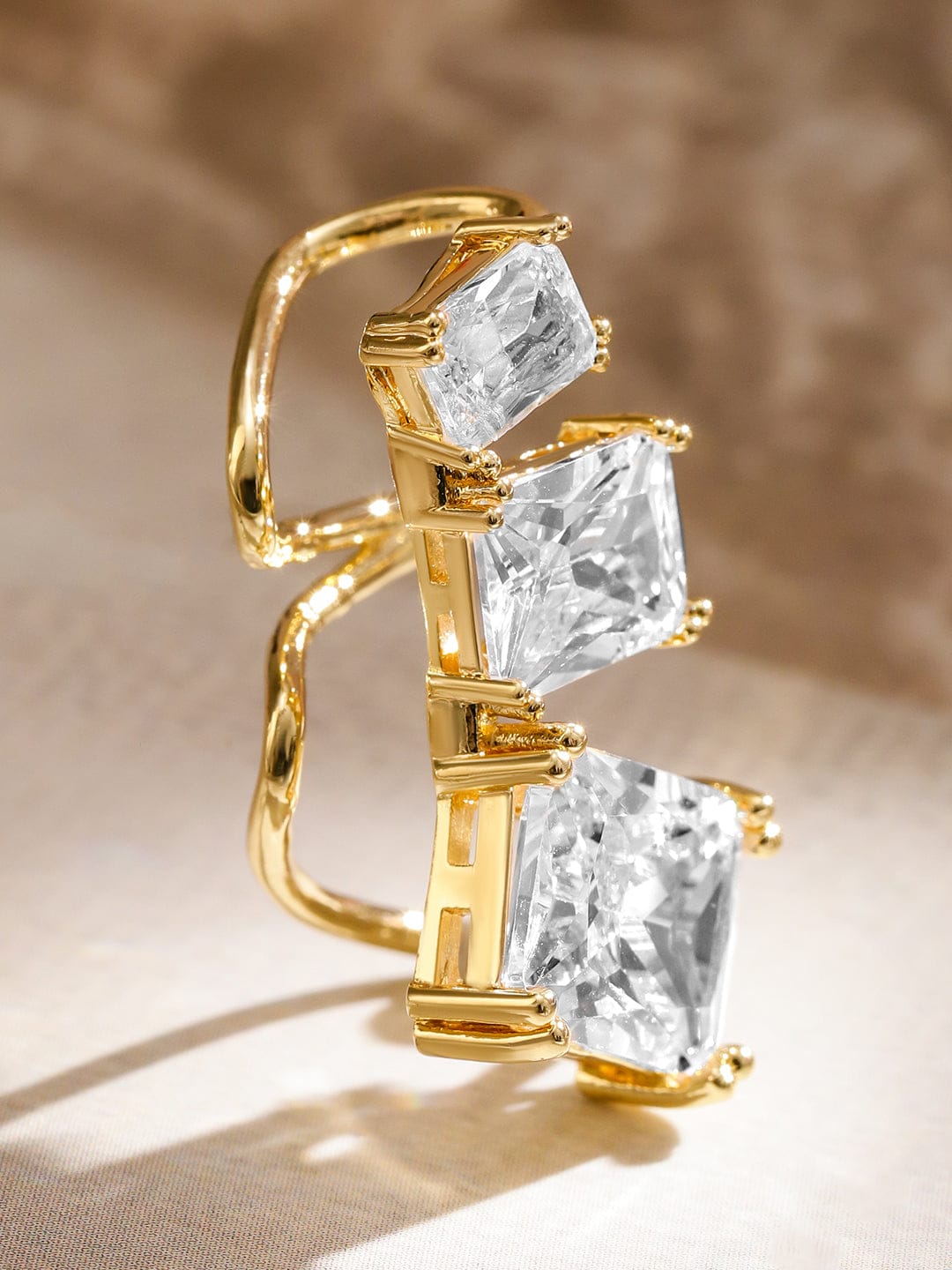 Rubans Voguish 18K Gold-Plated Cubic Zirconia Studded Triple Stone Openable Ear Cuff Earring â€“ 1 Piece Pack Earrings