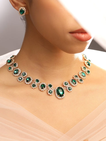 Rubans Voguish 18K Gold-Plated Emerald Green Crystal & Cubic Zirconia Studded Necklace Set Chain & Necklace