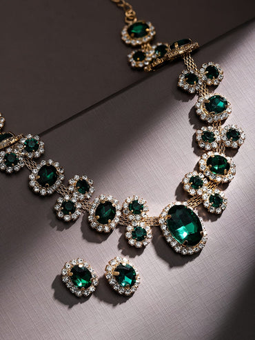 Rubans Voguish 18K Gold-Plated Emerald Green Crystal & Cubic Zirconia Studded Necklace Set Jewellery Set