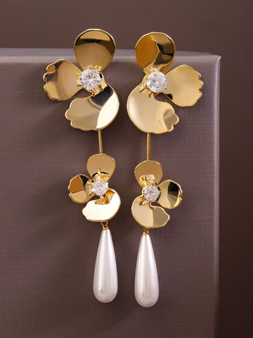 Rubans Voguish 18K Gold-Plated Floral Design Pearl Drop Statement Long Earrings Earrings