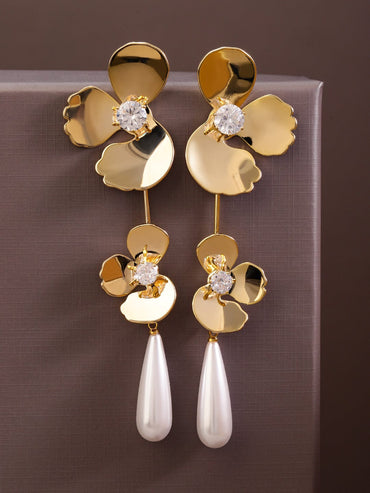 Rubans Voguish 18K Gold-Plated Floral Design Pearl Drop Statement Long Earrings Earrings