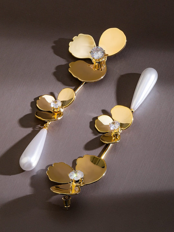 Rubans Voguish 18K Gold-Plated Floral Design Pearl Drop Statement Long Earrings Earrings