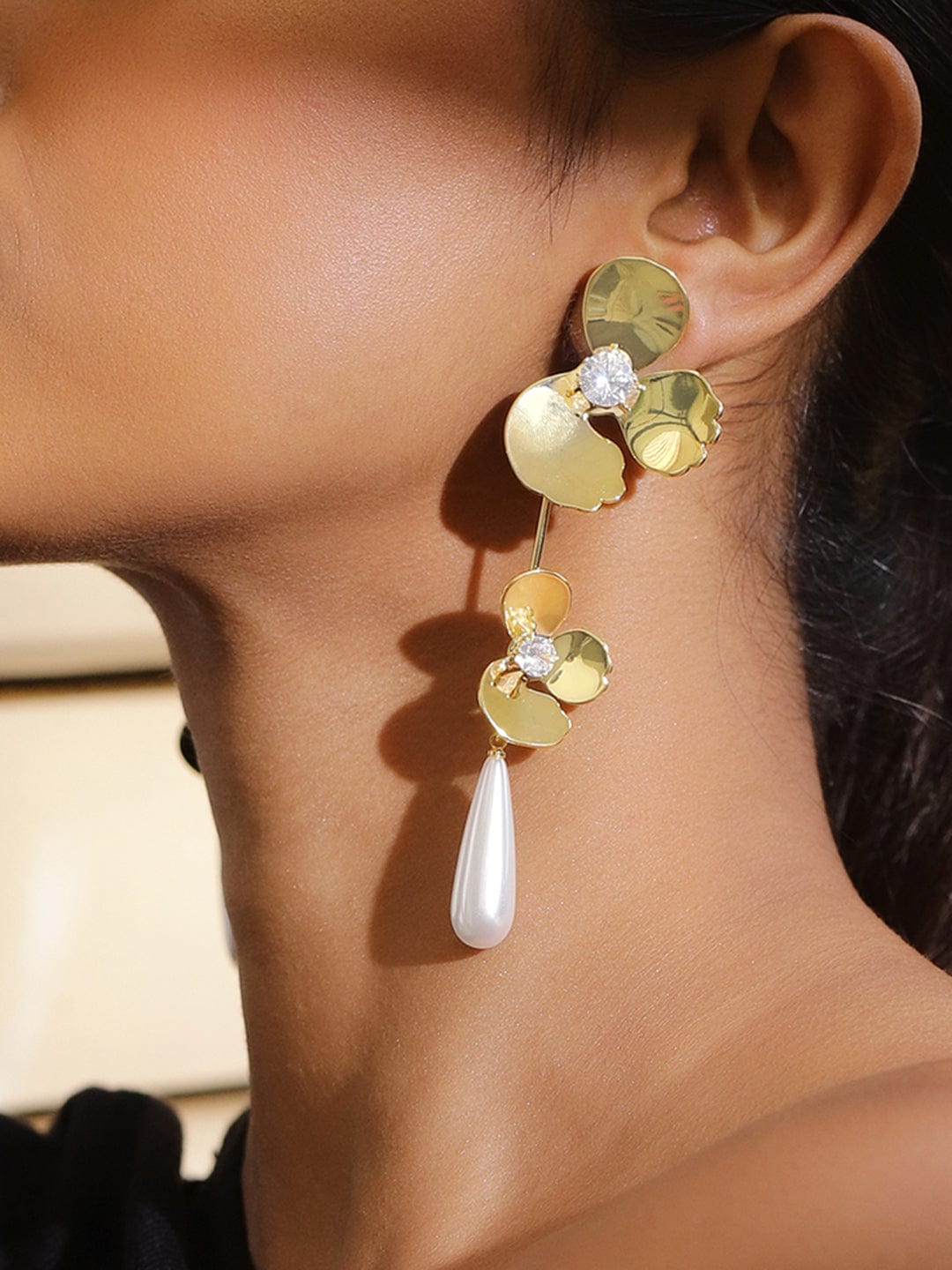 Rubans Voguish 18K Gold-Plated Floral Design Pearl Drop Statement Long Earrings Earrings