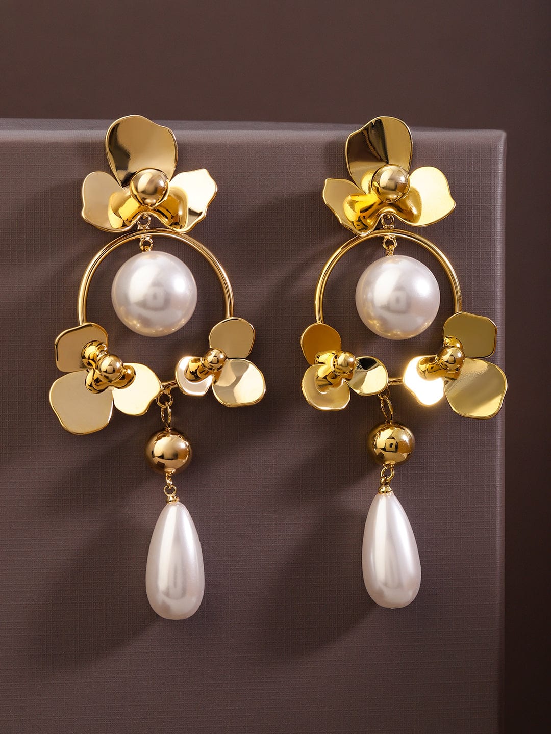 Rubans Voguish 18K Gold-Plated Floral Hoop Design Pearl Drop Statement Earrings Earrings