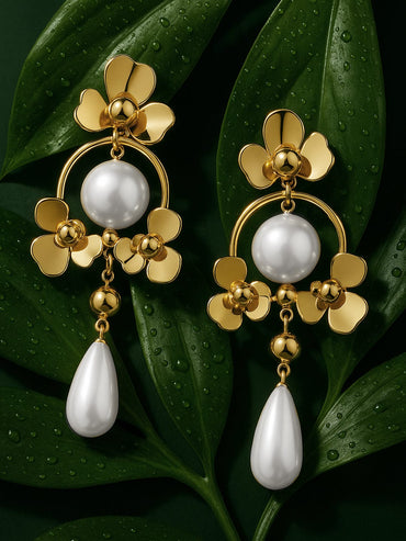 Rubans Voguish 18K Gold-Plated Floral Hoop Design Pearl Drop Statement Earrings Earrings
