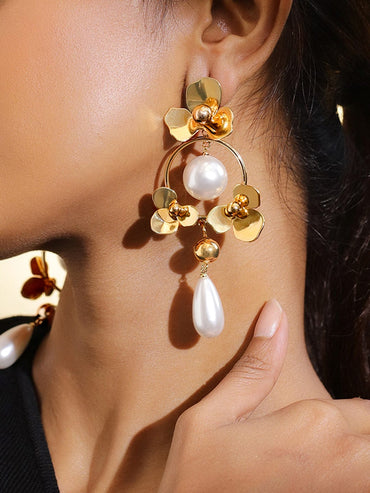 Rubans Voguish 18K Gold-Plated Floral Hoop Design Pearl Drop Statement Earrings Earrings