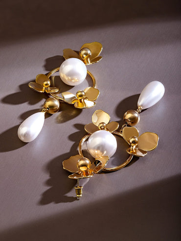 Rubans Voguish 18K Gold-Plated Floral Hoop Design Pearl Drop Statement Earrings Earrings