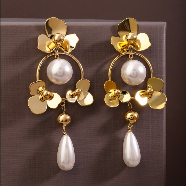 Rubans Voguish 18K Gold-Plated Floral Hoop Design Pearl Drop Statement Earrings Earrings