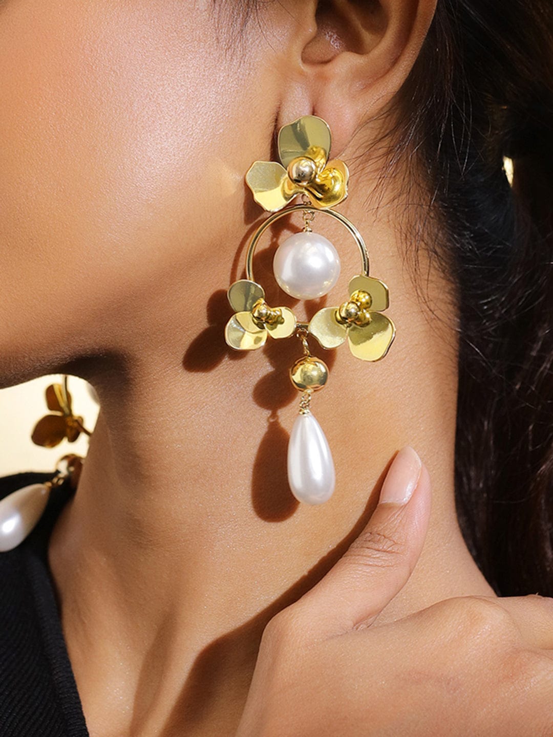 Rubans Voguish 18K Gold-Plated Floral Hoop Design Pearl Drop Statement Earrings Earrings