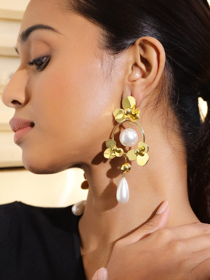 Rubans Voguish 18K Gold-Plated Floral Hoop Design Pearl Drop Statement Earrings Earrings