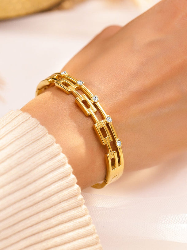 Rubans Voguish 18K Gold-Plated Geometric Cubic Zirconia Studded Stainless Steel Tarnish Free Waterproof Bracelet Bracelet