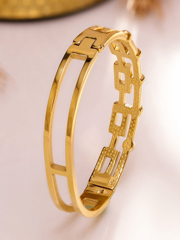 Rubans Voguish 18K Gold-Plated Geometric Cubic Zirconia Studded Stainless Steel Tarnish Free Waterproof Bracelet Wristwear
