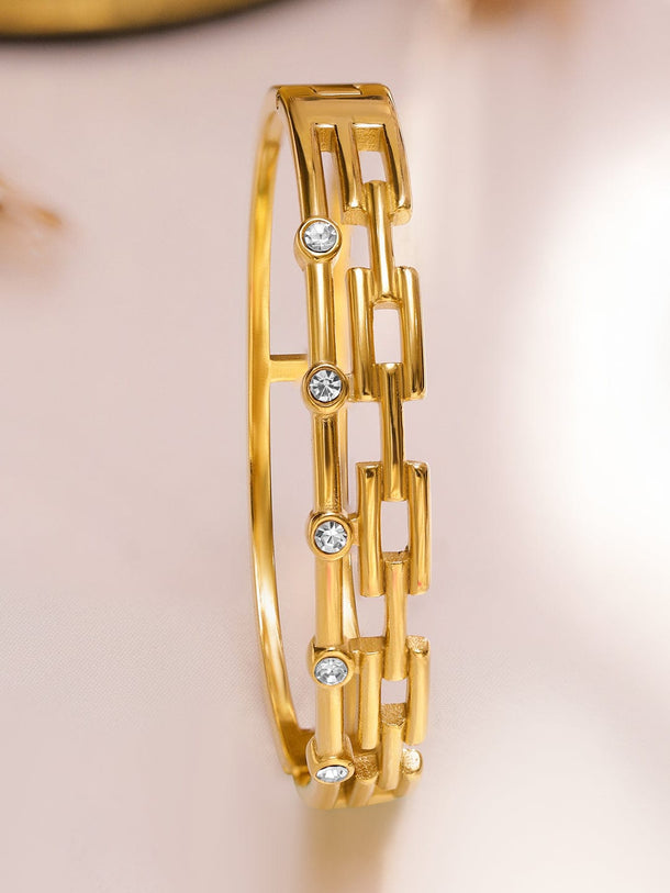 Rubans Voguish 18K Gold-Plated Geometric Cubic Zirconia Studded Stainless Steel Tarnish Free Waterproof Bracelet Wristwear