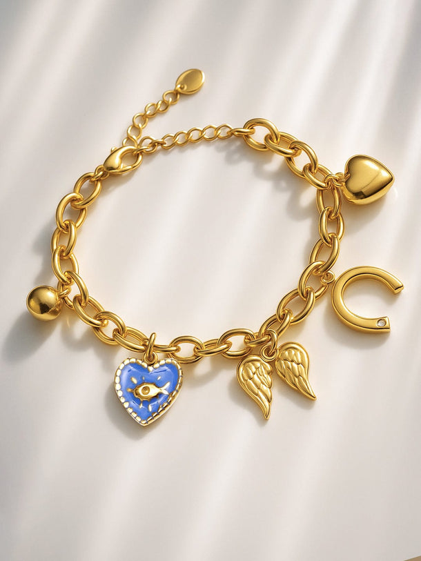 Rubans Voguish 18K Gold-Plated Heart, Angel Wing Charms, Adjustable Chain Link Design Bracelet Wristwear