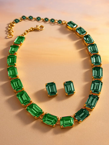 Rubans Voguish 18K Gold-Plated Light & Deep Emerald Crystal & Cubic Zirconia Necklace Set Chain & Necklace