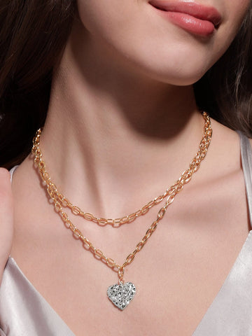Rubans Voguish 18K Gold Plated Link Chain Heart Motif Layered Necklace Necklace