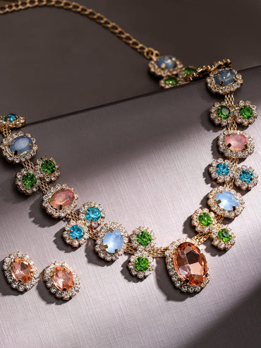Rubans Voguish 18K Gold-Plated Multicolor Crystal & Cubic Zirconia Statement Necklace Set Jewellery Set