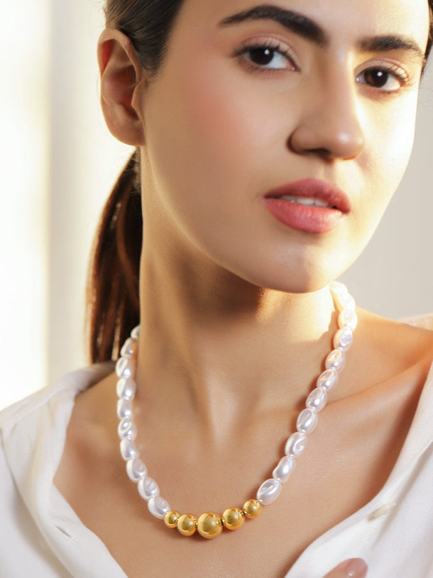 Rubans Voguish 18K Gold-Plated Necklace with Baroque Pearls & Golden Bead Accents Chain & Necklace