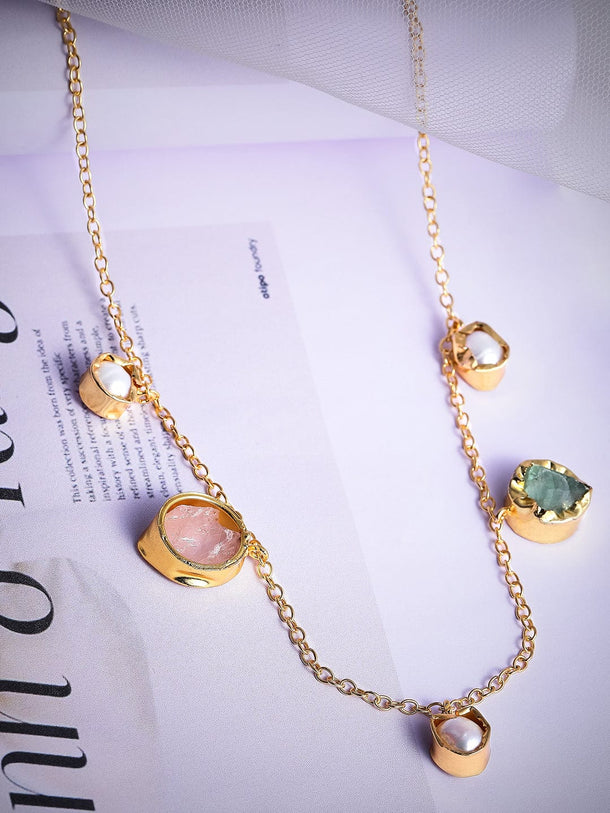 Rubans Voguish 18K Gold Plated On Copper Handcrafted Chain With Uncut Stones And Pearls Charms Necklace. Chain & Necklaces