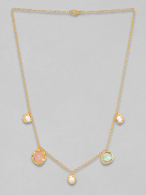 Rubans Voguish 18K Gold Plated On Copper Handcrafted Chain With Uncut Stones And Pearls Charms Necklace. Chain & Necklaces