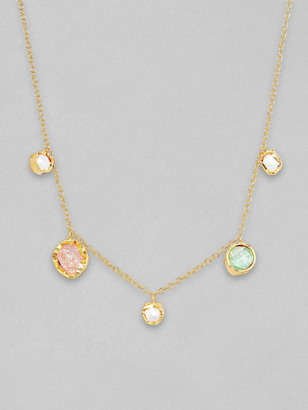 Rubans Voguish 18K Gold Plated On Copper Handcrafted Chain With Uncut Stones And Pearls Charms Necklace. Chain & Necklaces