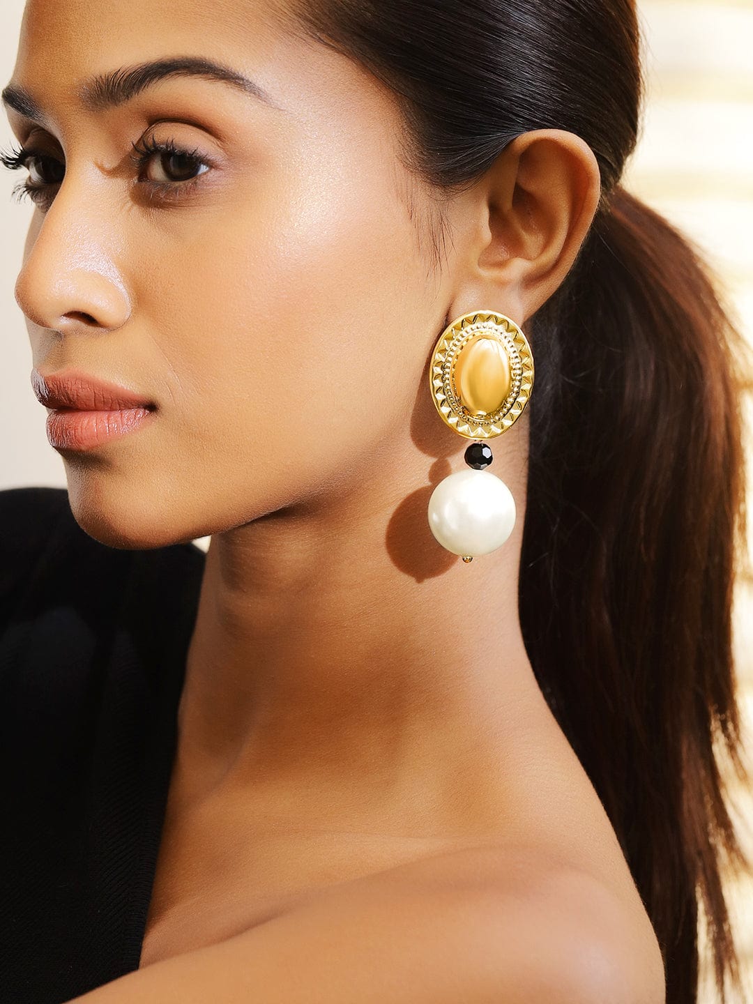 Rubans Voguish 18K Gold-Plated Oval Motif Drop Earrings with Pearl & Black Bead Accents Earrings