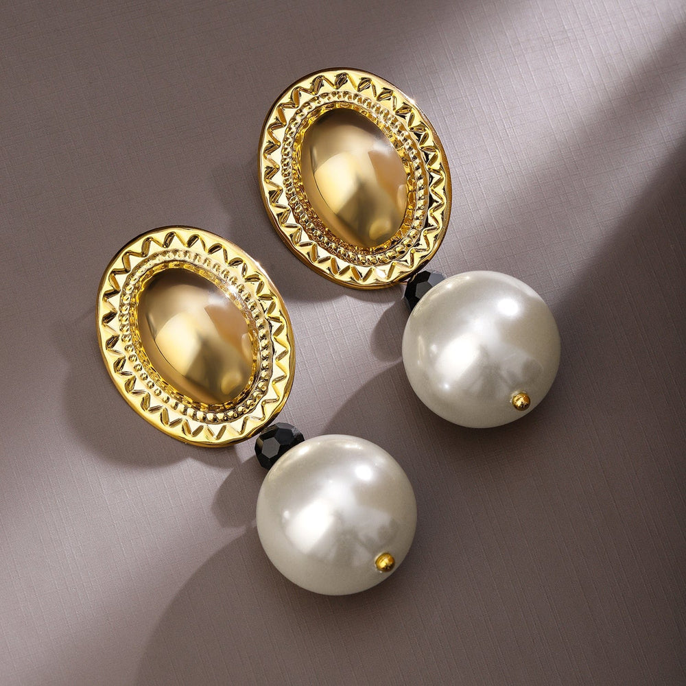 Rubans Voguish 18K Gold-Plated Oval Motif Drop Earrings with Pearl & Black Bead Accents Earrings