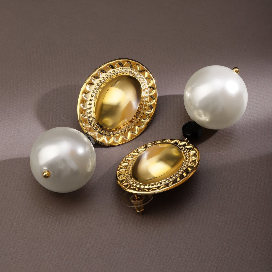 Rubans Voguish 18K Gold-Plated Oval Motif Drop Earrings with Pearl & Black Bead Accents Earrings