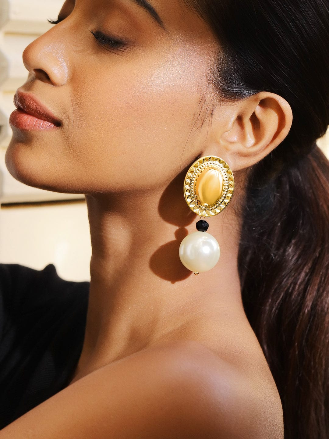 Rubans Voguish 18K Gold-Plated Oval Motif Drop Earrings with Pearl & Black Bead Accents Earrings