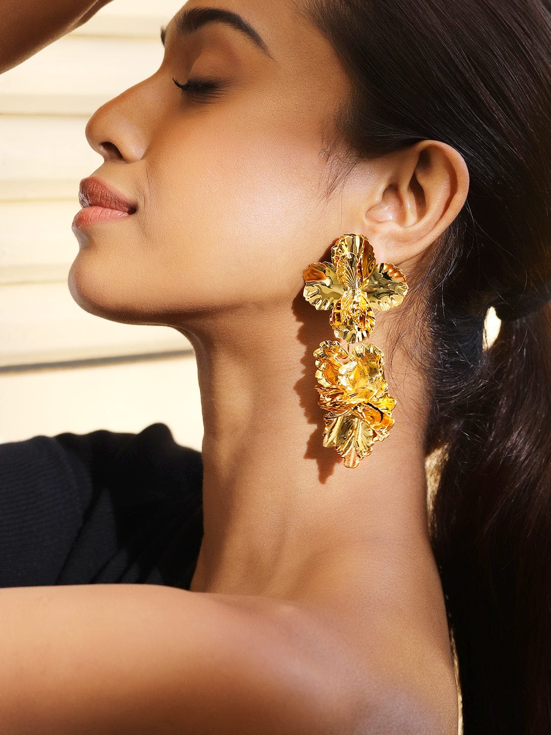Rubans Voguish 18K Gold-Plated Oversized Cascading Floral Design Long Statement Earrings Earrings
