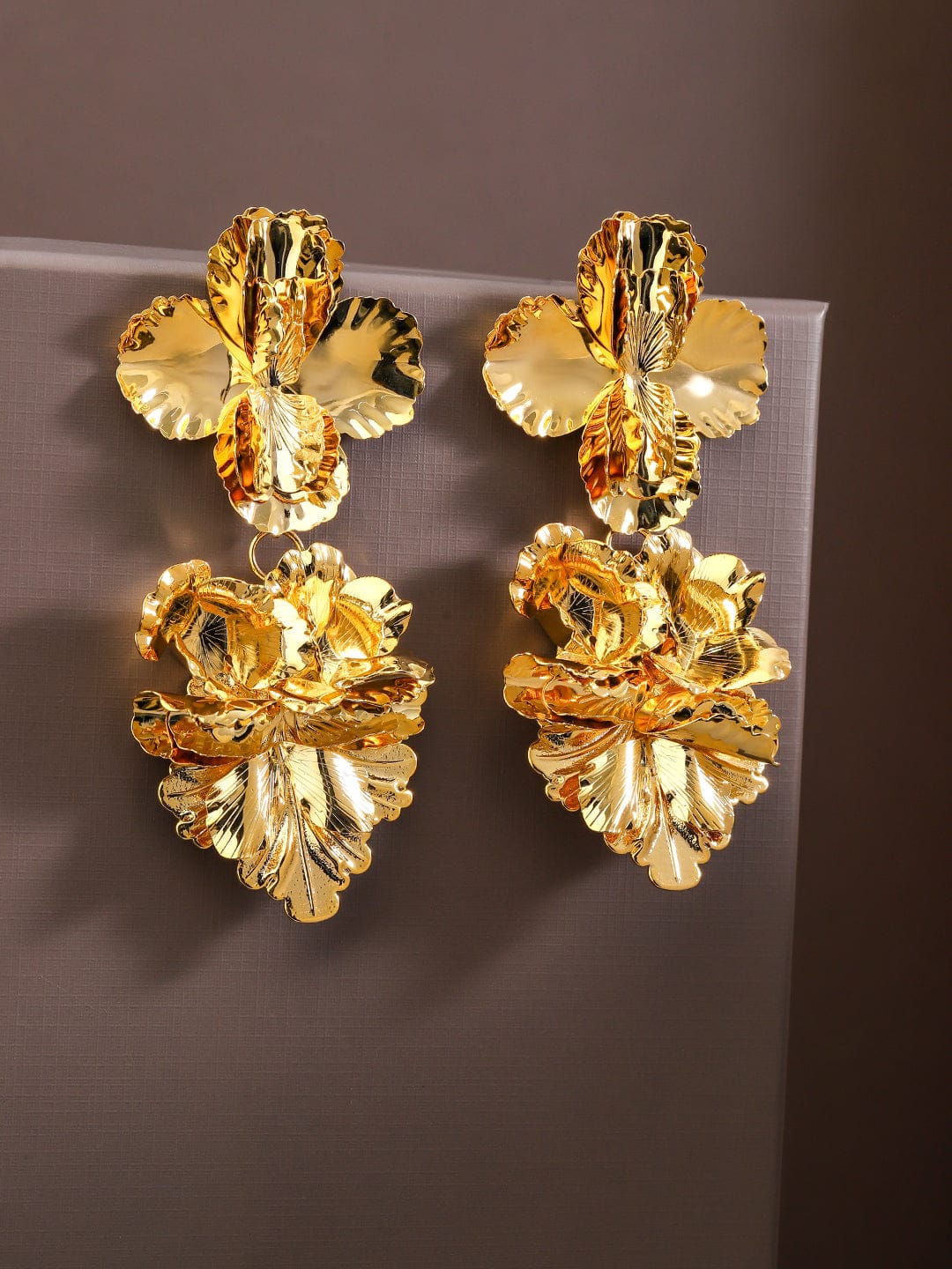 Rubans Voguish 18K Gold-Plated Oversized Cascading Floral Design Long Statement Earrings Earrings