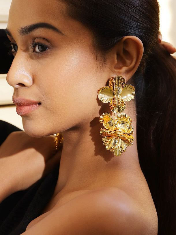 Rubans Voguish 18K Gold-Plated Oversized Cascading Floral Design Long Statement Earrings Earrings