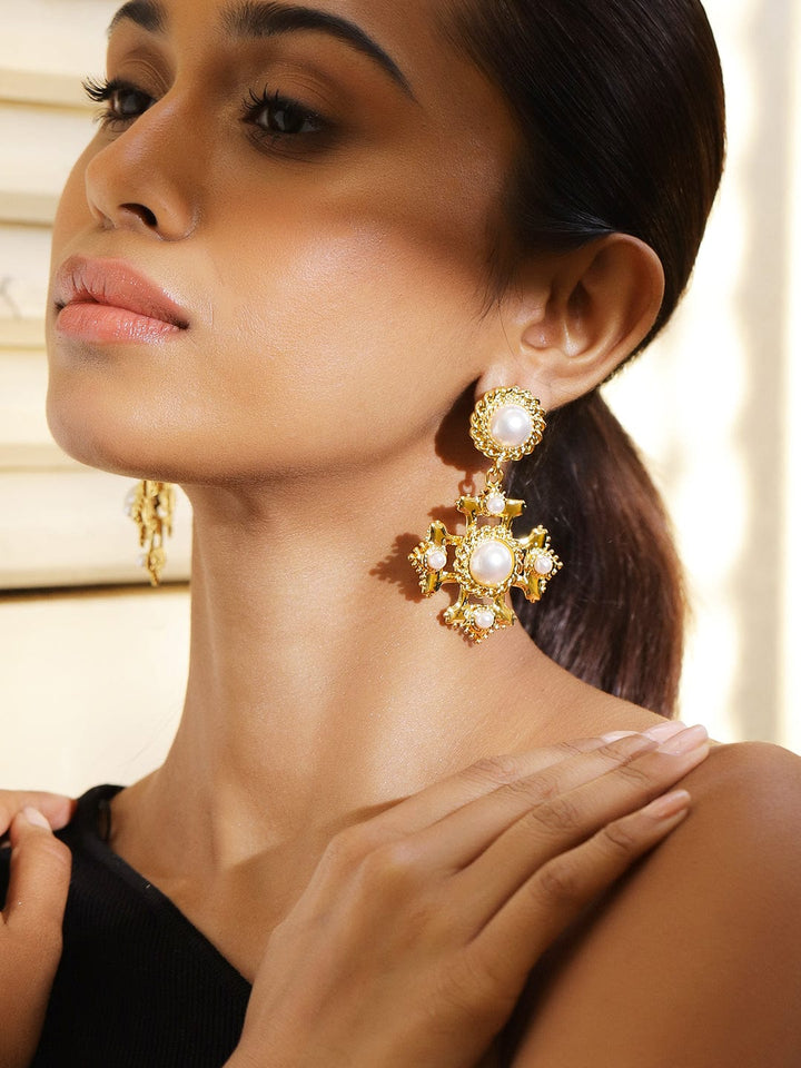 Rubans Voguish 18K Gold-Plated Pearl-Studded Decorative Drop Earrings Earrings