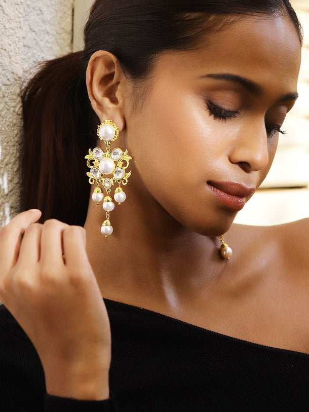 Rubans Voguish 18K Gold-Plated Pearl & Zirconia Studded Bold Long Statement Earrings Earrings