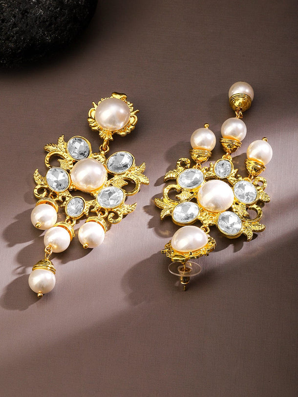 Rubans Voguish 18K Gold-Plated Pearl & Zirconia Studded Bold Long Statement Earrings Earrings