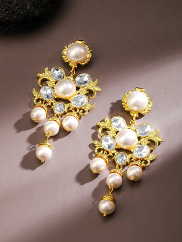 Rubans Voguish 18K Gold-Plated Pearl & Zirconia Studded Bold Long Statement Earrings Earrings